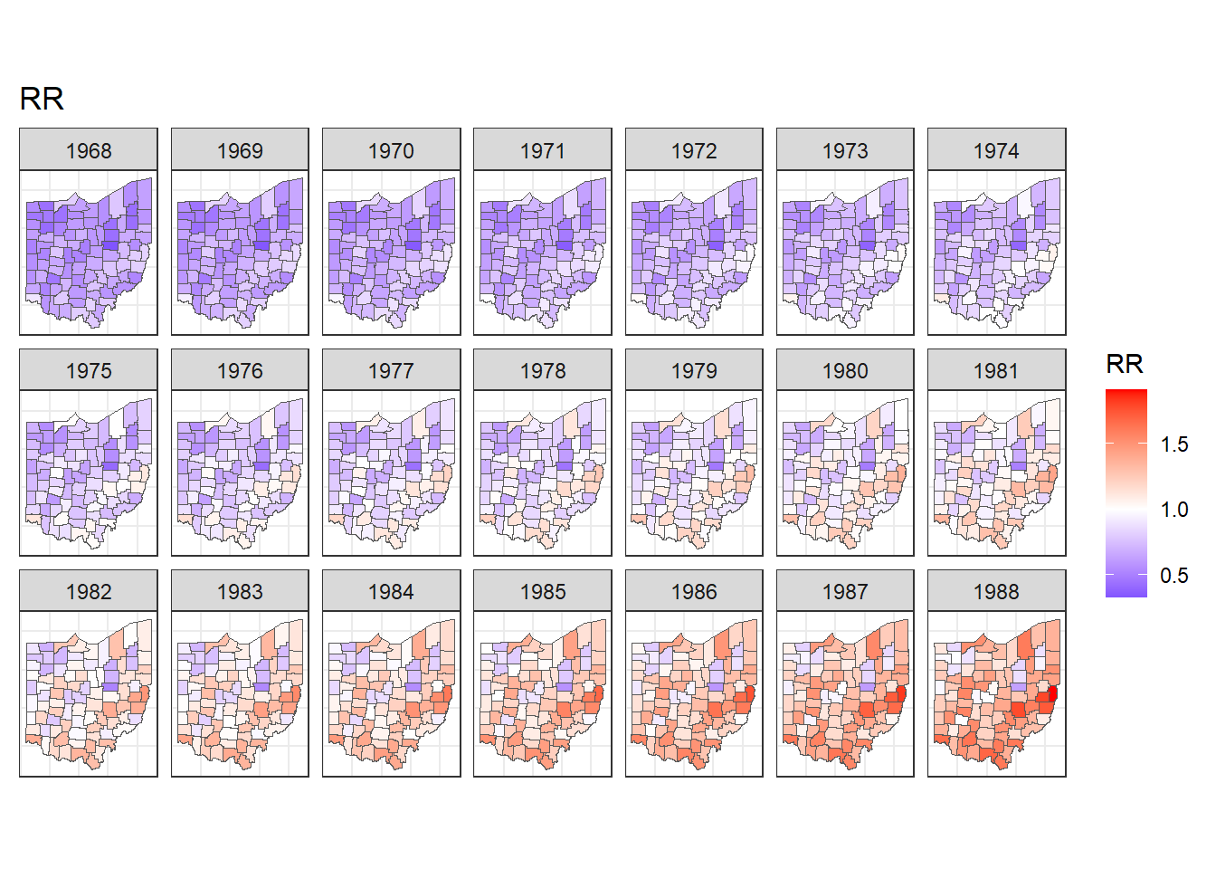 Maps of lung cancer relative risk in Ohio counties from 1968 to 1988.