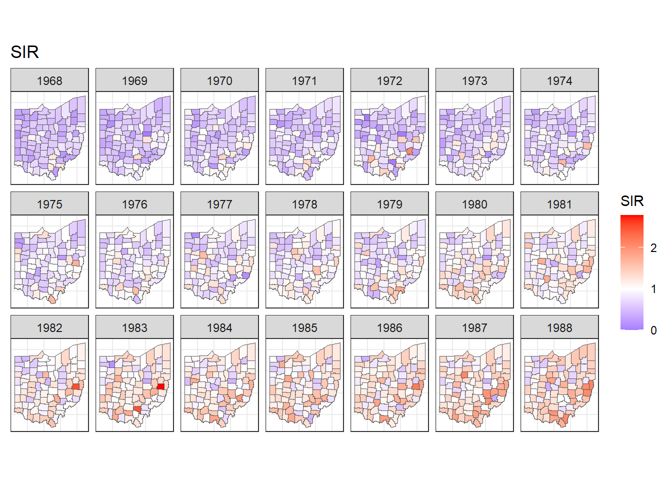 Maps of lung cancer SIR in Ohio counties from 1968 to 1988 created with a diverging color scale.