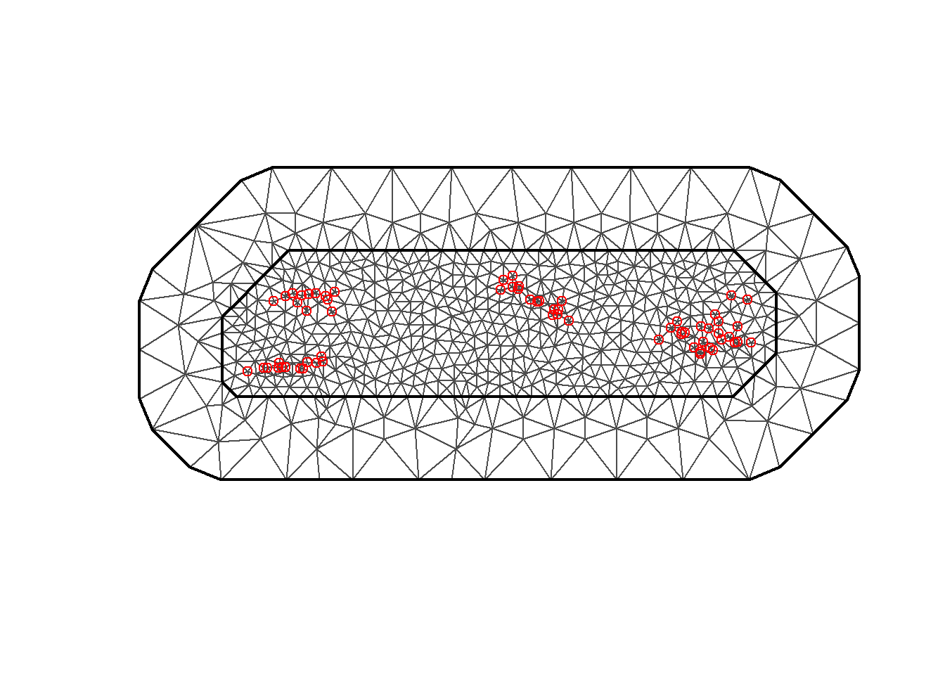 Triangulated mesh used to build the SPDE model.