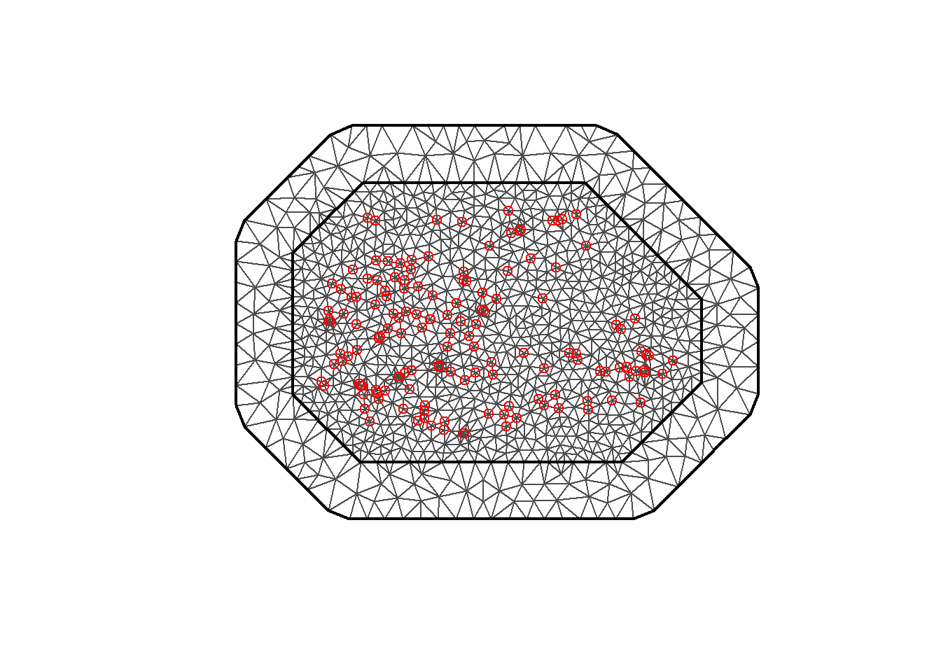 Triangulated mesh to build the SPDE model.