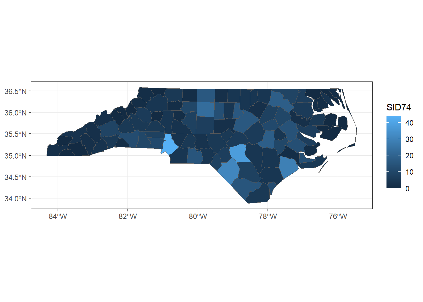 Map of sudden infant deaths in North Carolina in 1974, created with **ggplot2**.