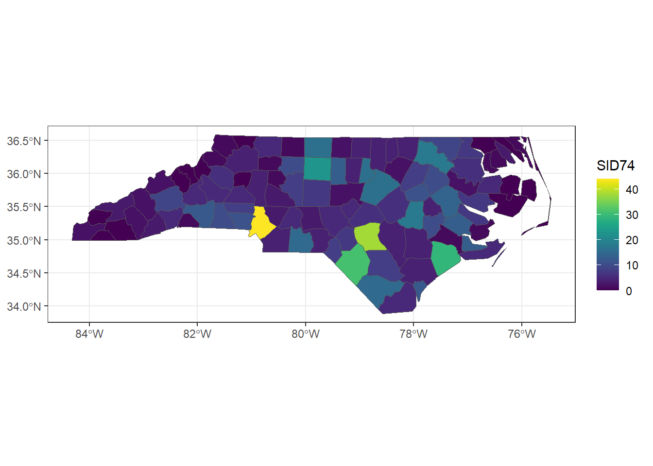 Map of sudden infant deaths in North Carolina in 1974, created with **ggplot2** and viridis scale.