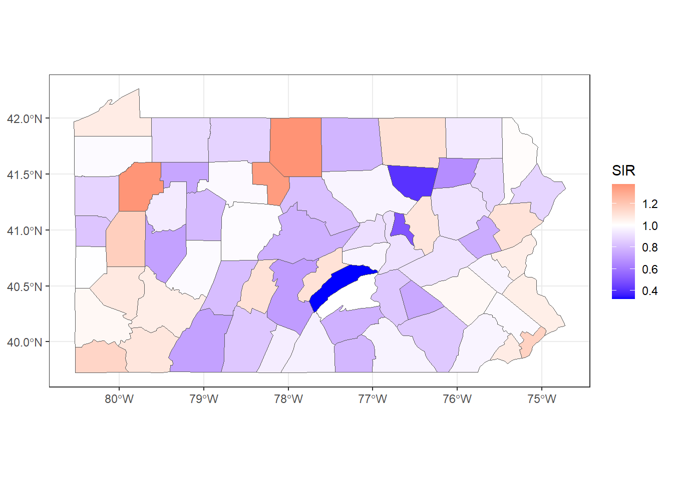 SIR of lung cancer in Pennsylvania counties.