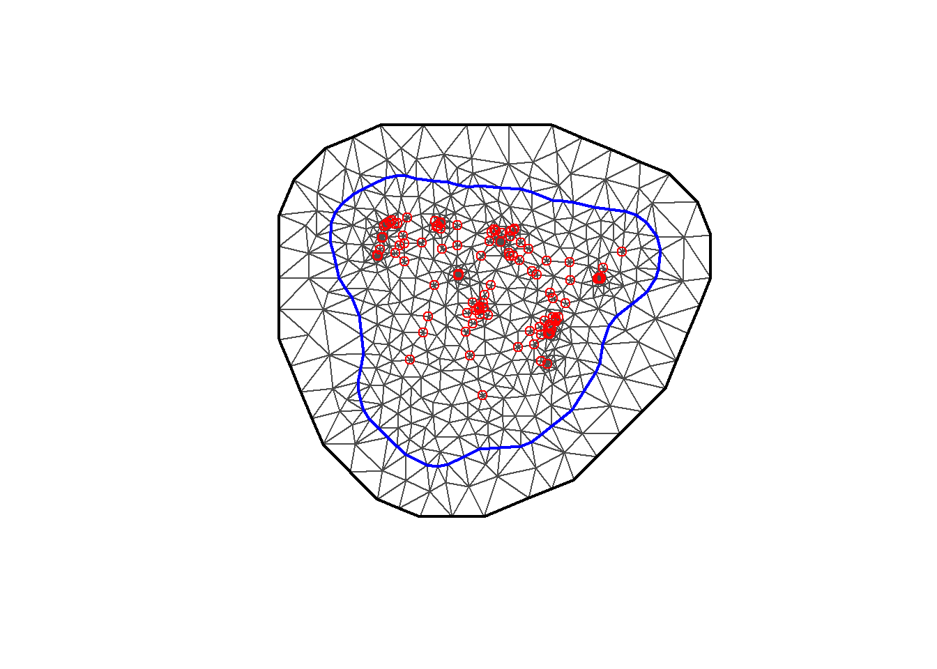 Triangulated mesh used to build the SPDE model.