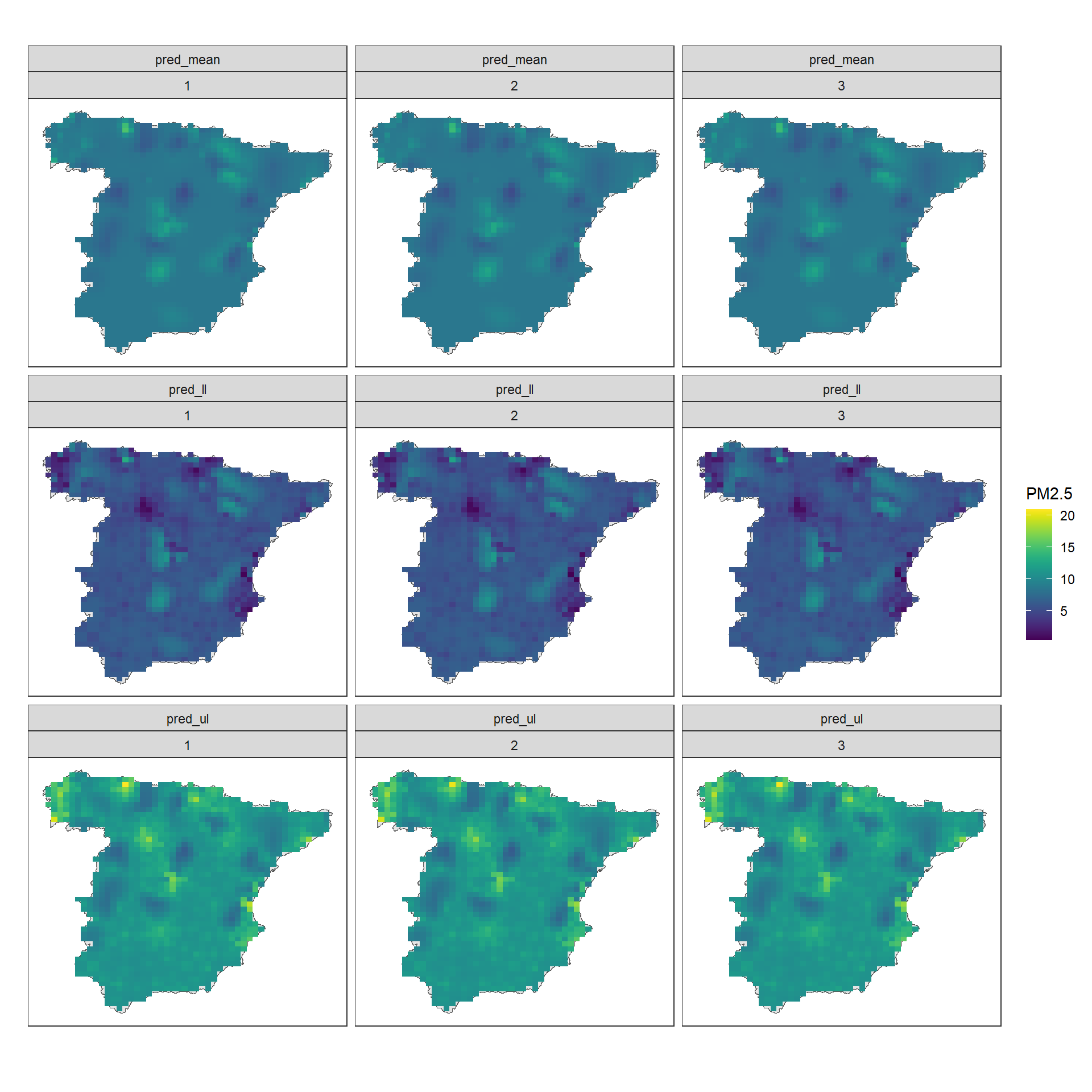 PM$_{2.5}$ predictions and lower and upper limits of 95% CI in Spain in years 2015, 2016 and 2017.