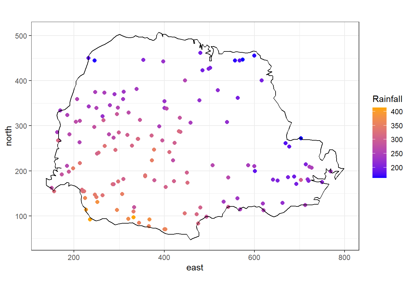 Average rainfall measured at 143 recording stations in Paraná state, Brazil.