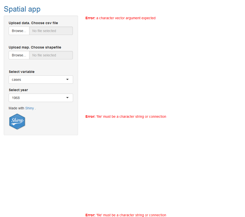 Snapshot of the Shiny app after adding inputs to upload the data and the map. The Shiny app renders error messages until the files are uploaded.