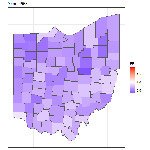 Animation of lung cancer relative risk in Ohio counties from 1968 to 1988.