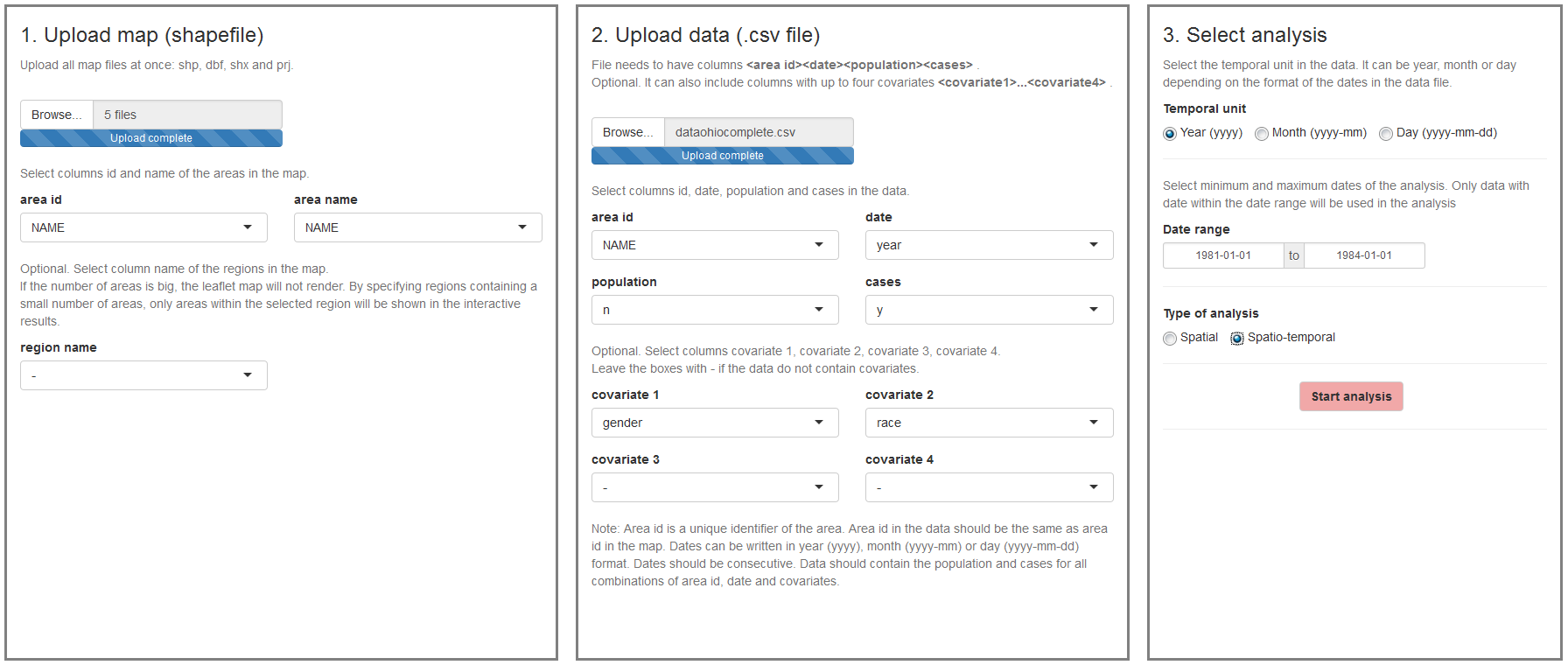 'Inputs' page of **SpatialEpiApp**.