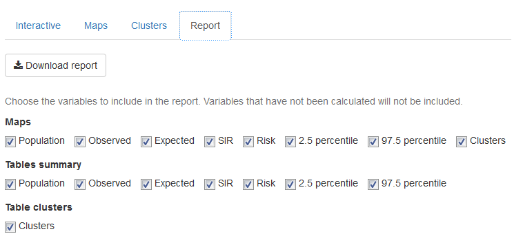 'Report' tab of **SpatialEpiApp**.