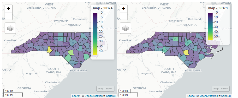 Snapshot of synchronized maps of sudden infant deaths in North Carolina in 1974 and 1979.