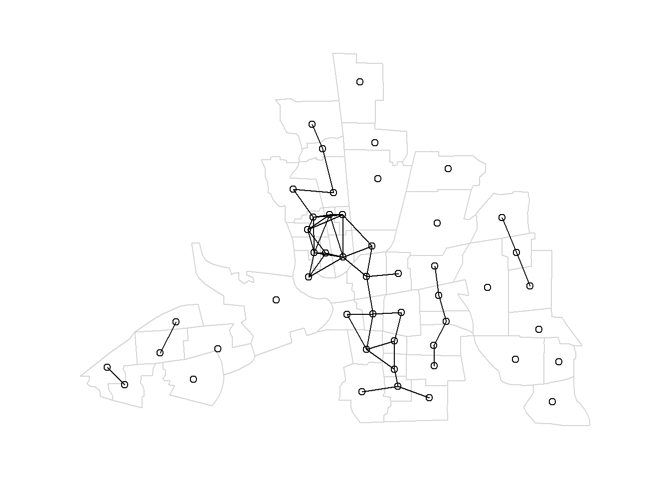 Left: Neighbors based on distance. Area of interest is represented in black and its neighbors in gray. Circle's center is the centroid of the area of interest, and circle's radius is the distance. Right: Map of neighbors separated by a distance less than 0.4.