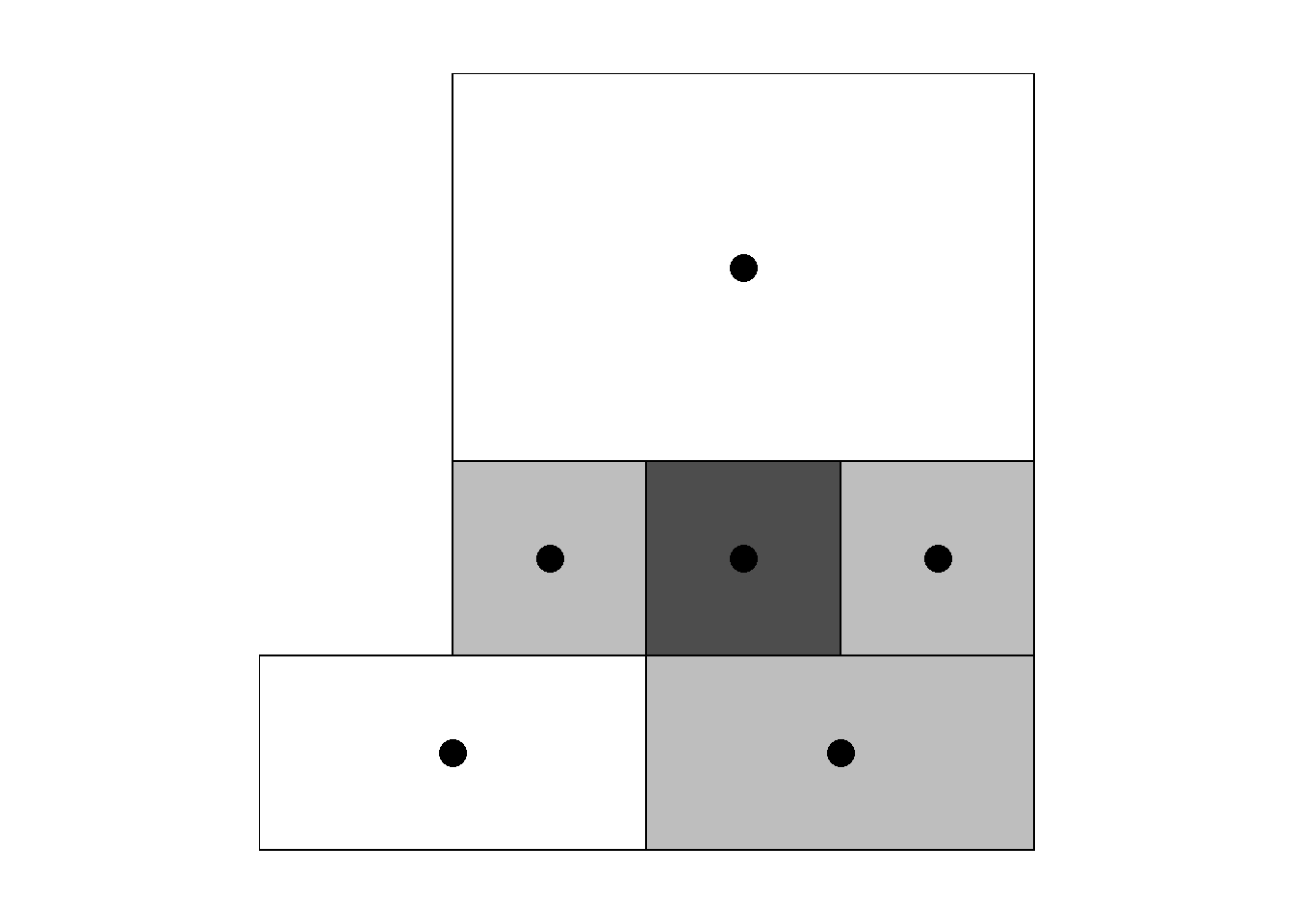 Left: Neighbors based on 3 nearest neighbors. Area of interest is represented in black and its neighbors in gray. Right: Map of neighbors based on 3 nearest neighbors.