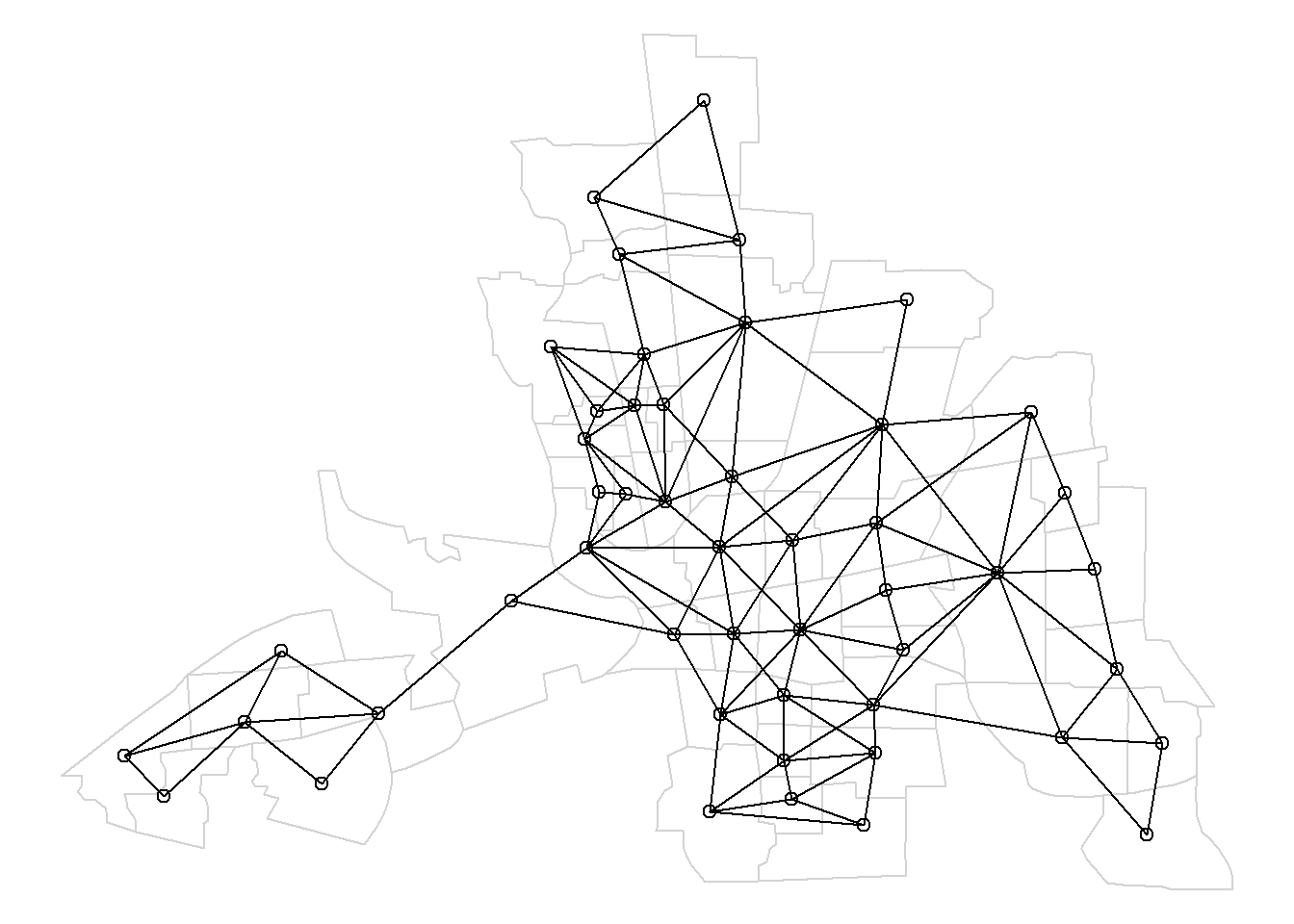Map of neighbors based on contiguity. Neighbors of first order (left), second order (middle), and first order until second order (right).