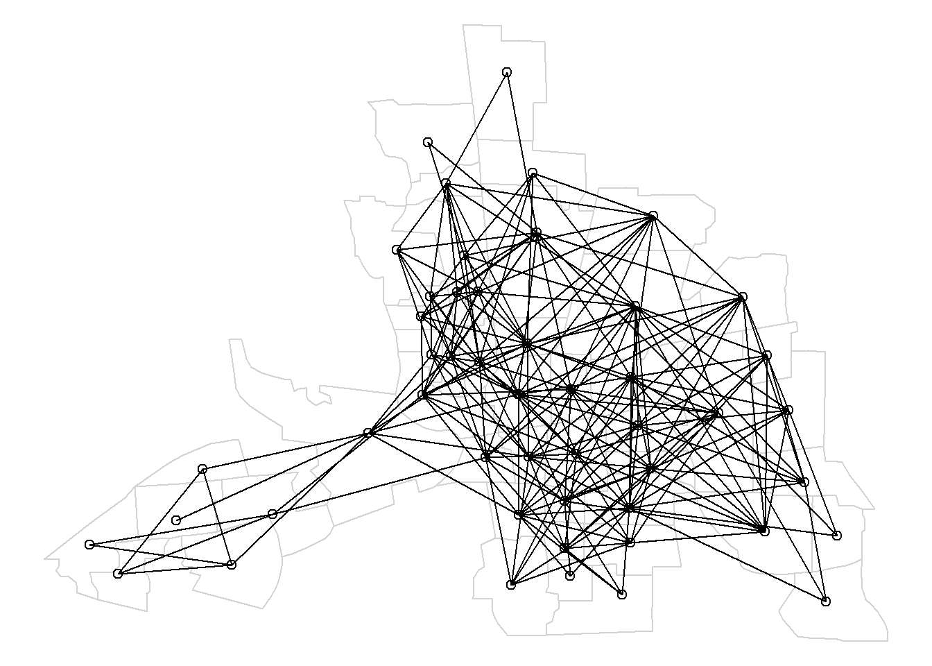 Map of neighbors based on contiguity. Neighbors of first order (left), second order (middle), and first order until second order (right).
