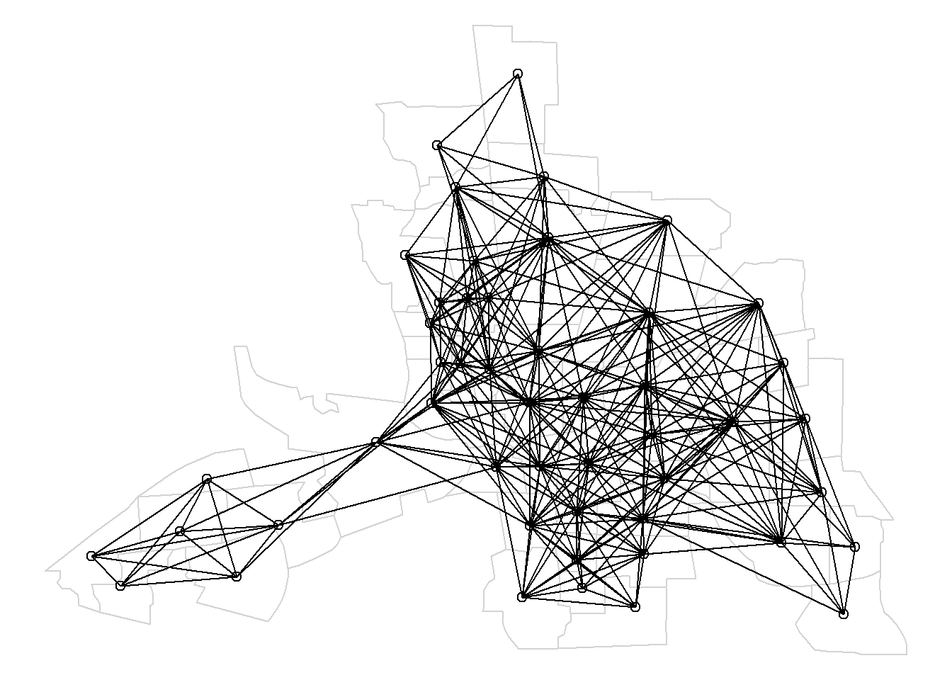 Map of neighbors based on contiguity. Neighbors of first order (left), second order (middle), and first order until second order (right).