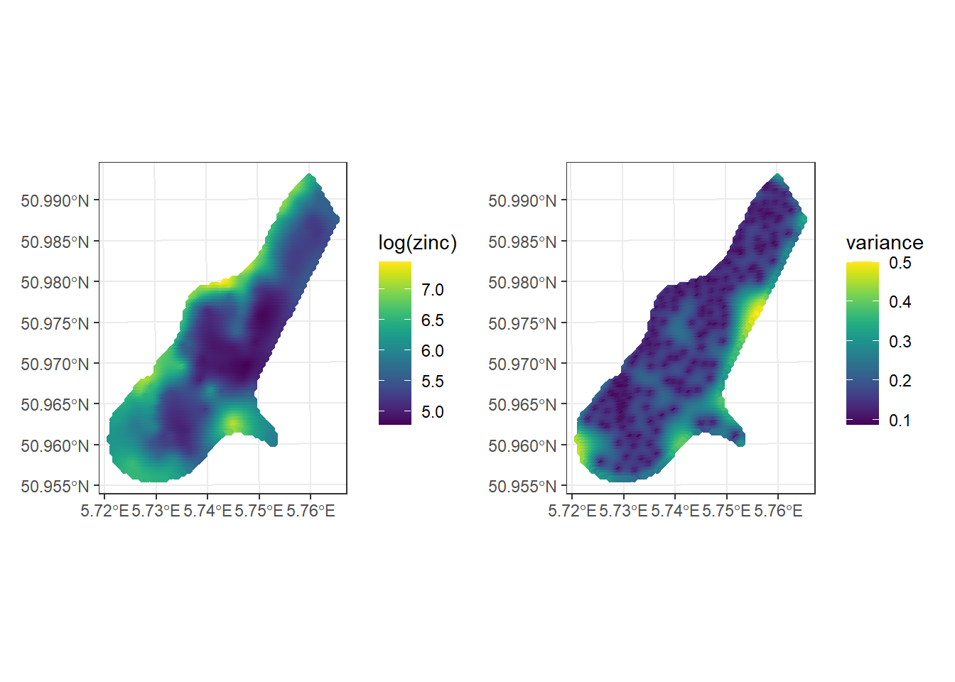 Predictions (left) and variance (right) obtained with Kriging.