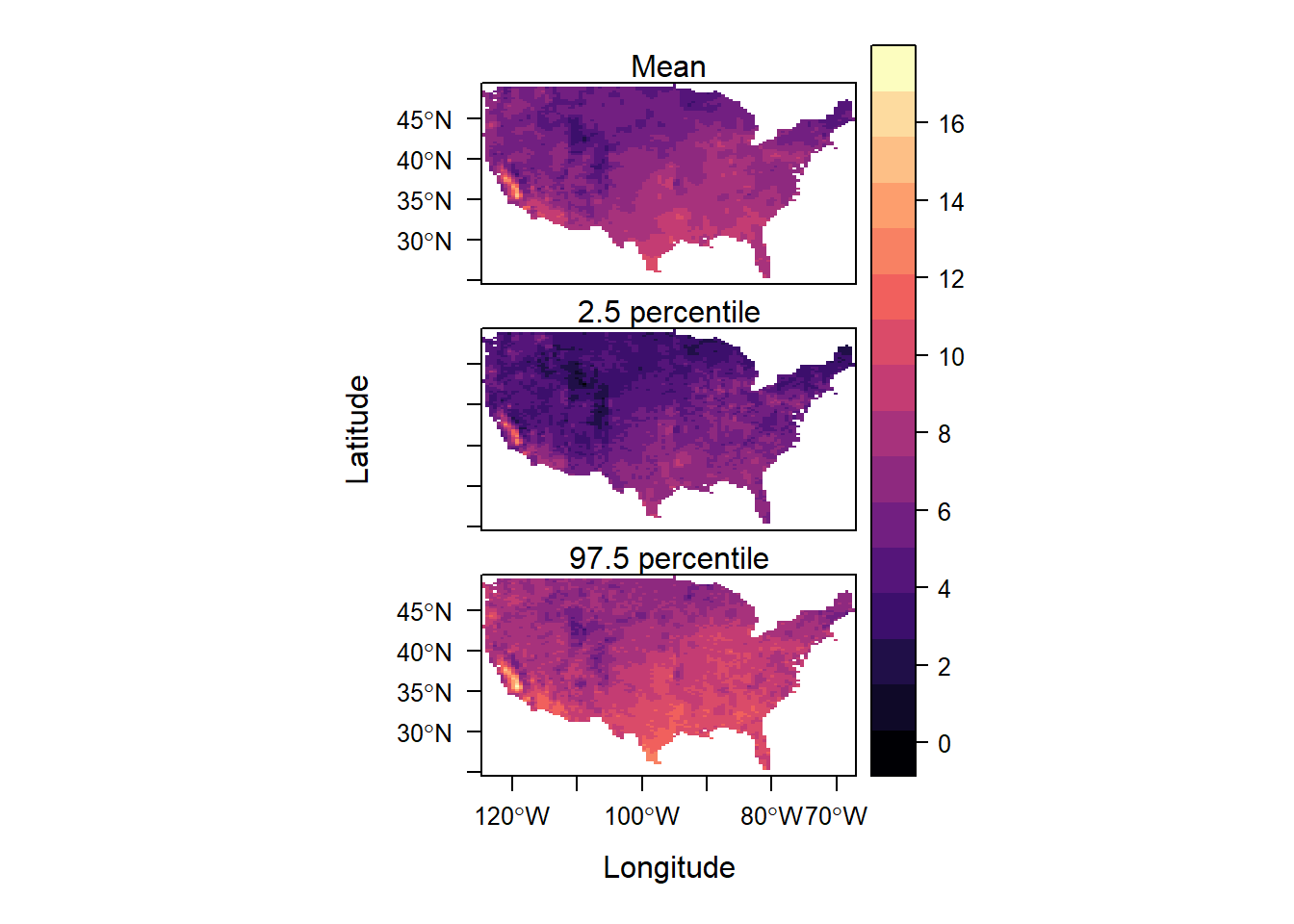 Posterior mean and lower and upper limits of uncertainty intervals of PM2.5.