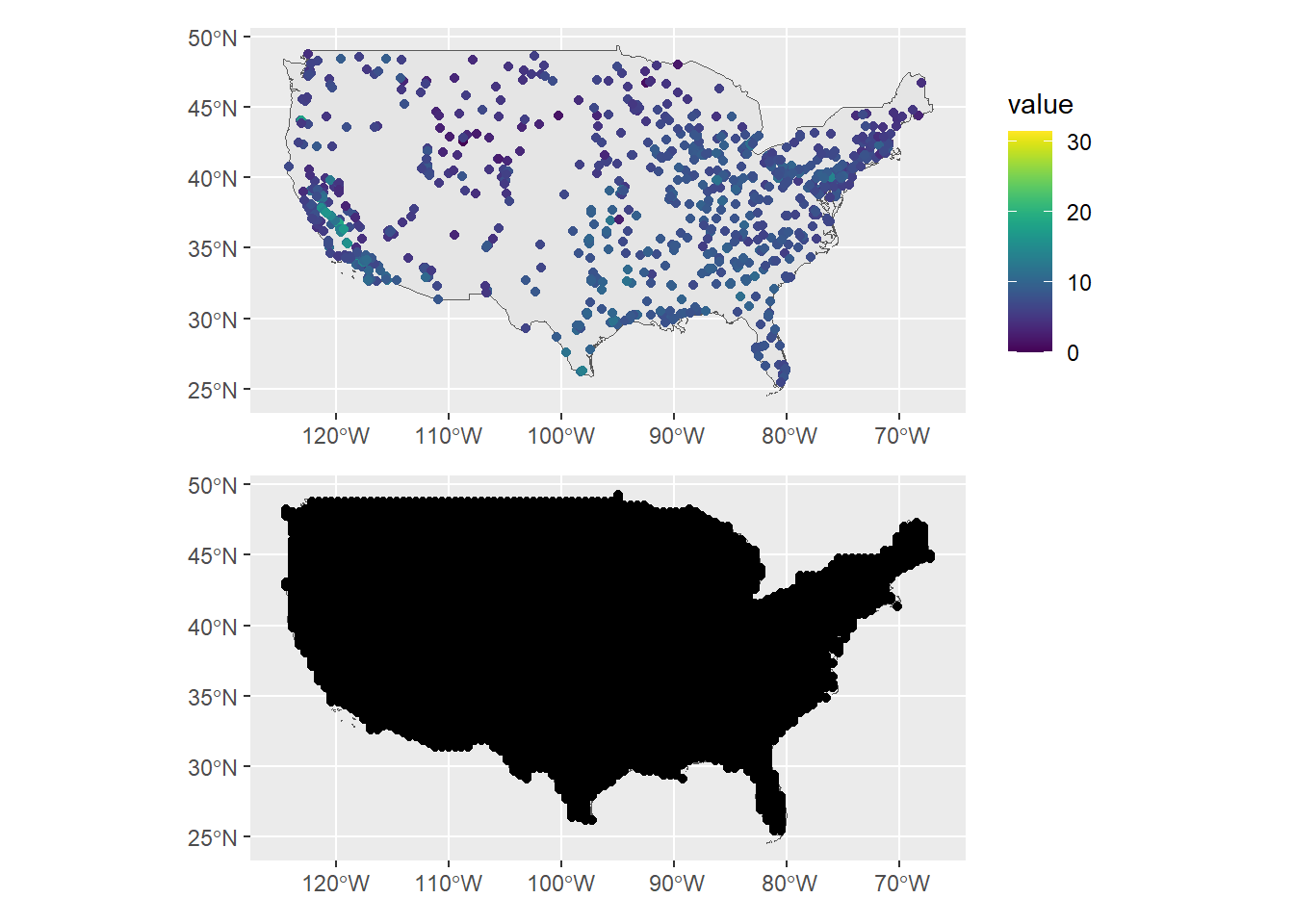 Map with the PM2.5 observed values (top) and prediction locations (bottom).