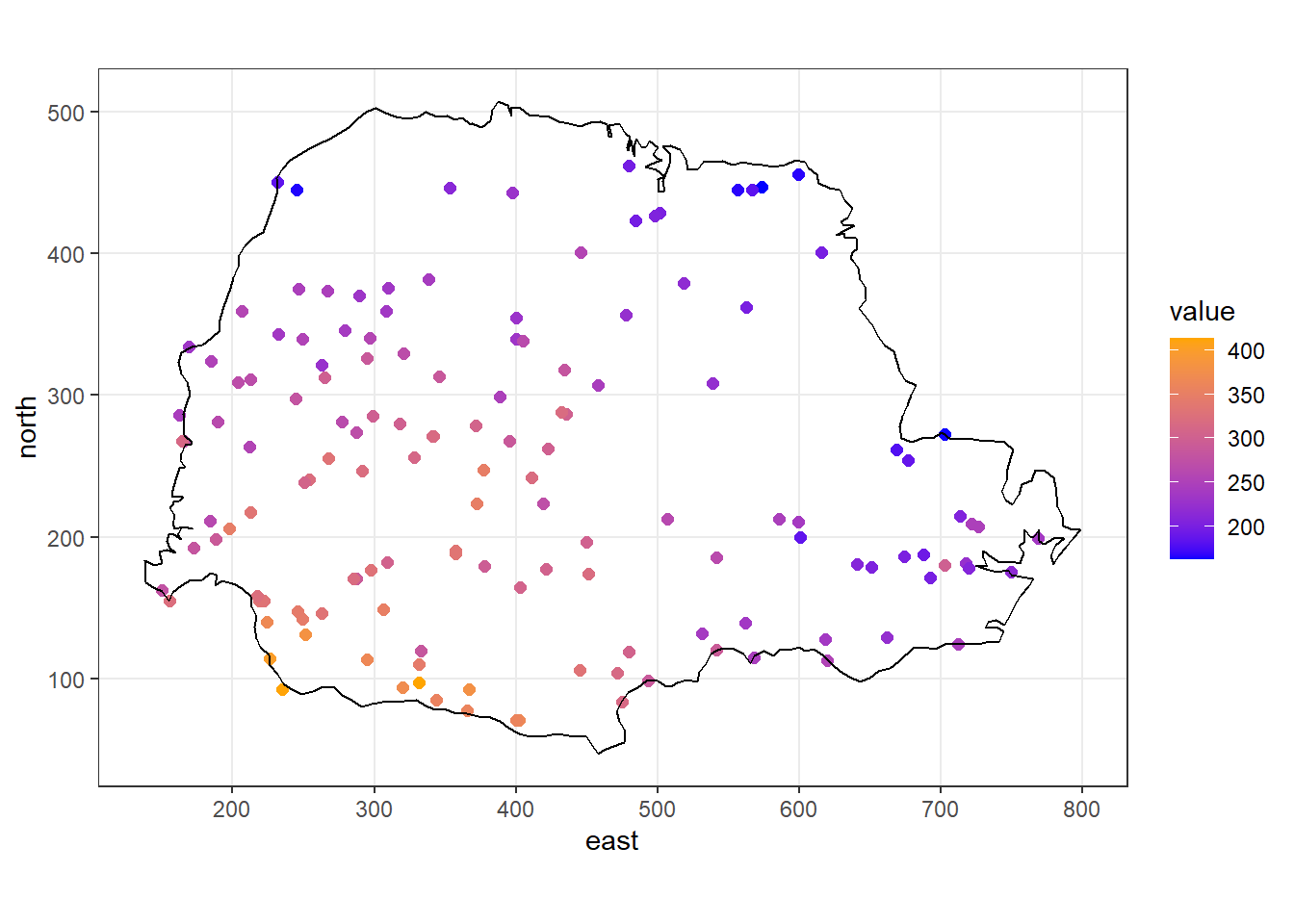 Rainfall values measured at 143 recording stations in Paran&aacute; state, Brazil.