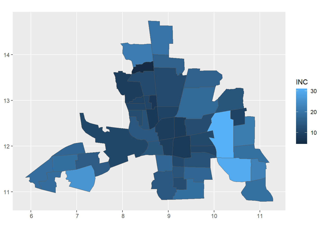 Example of areal data. Household income in $1000 USD in neighborhoods in Columbus, Ohio, in 1980.