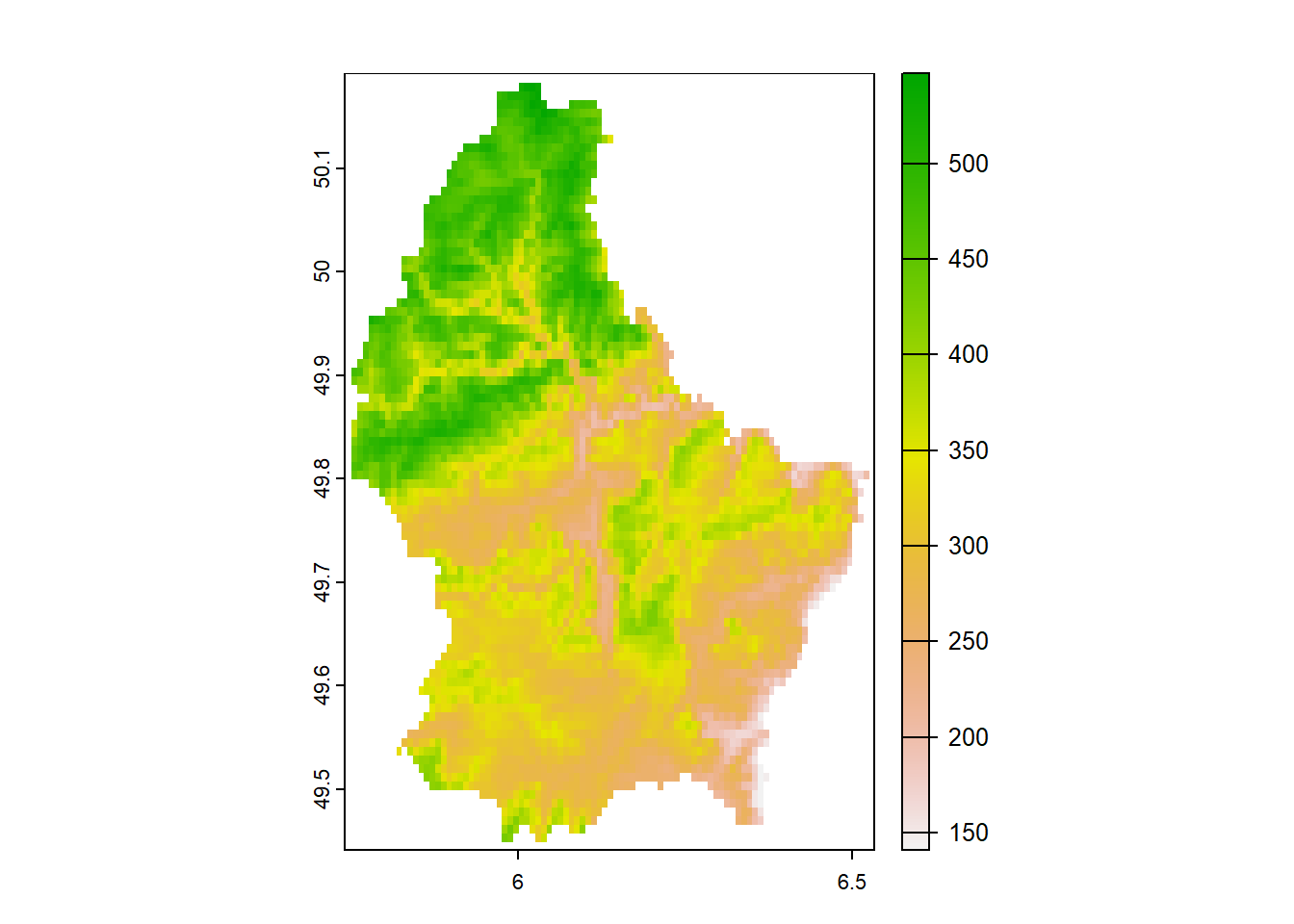 Example of areal data. Elevation at raster grid cells covering Luxembourg.