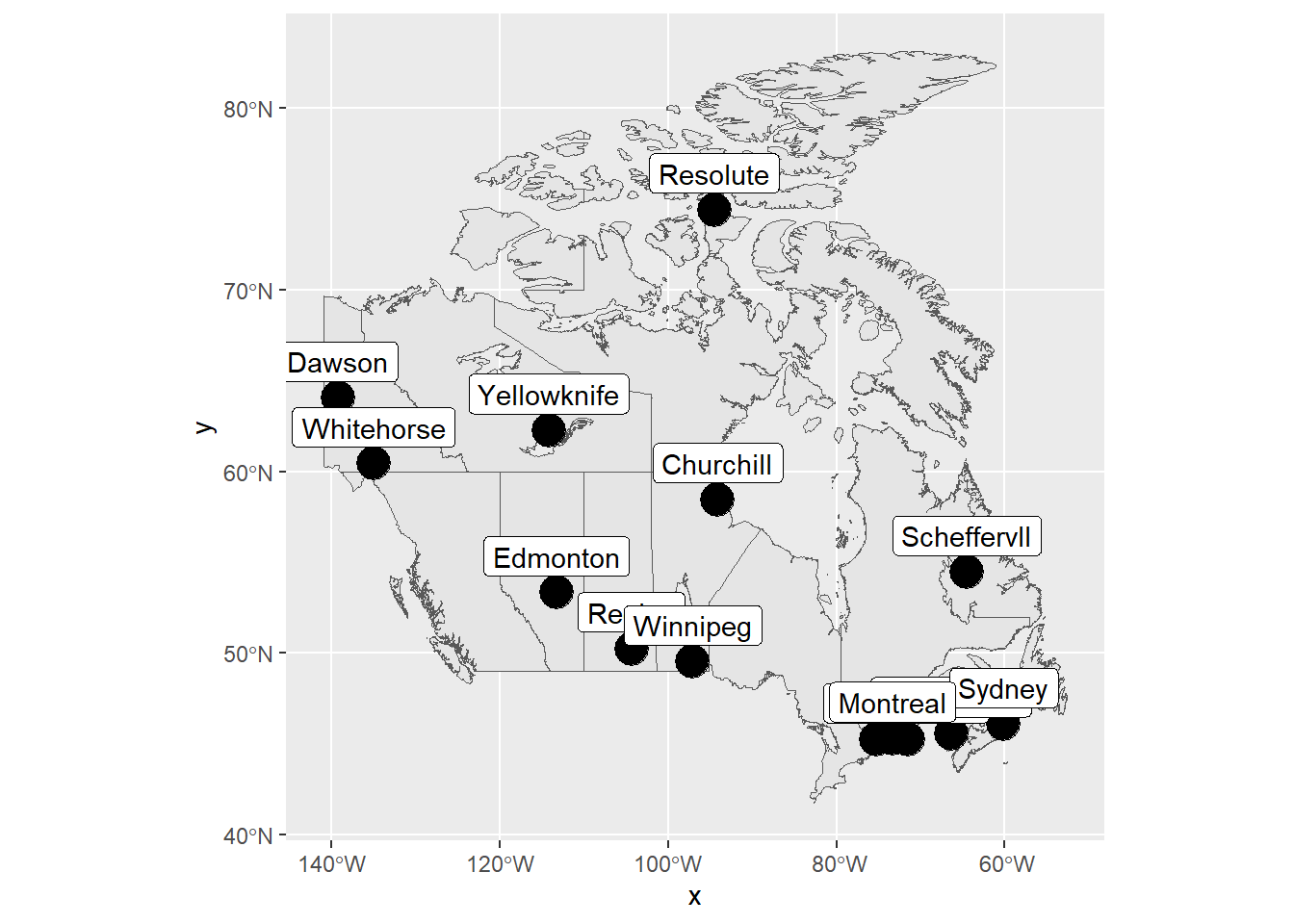 Locations of Canadian weather stations where daily temperature is measured.