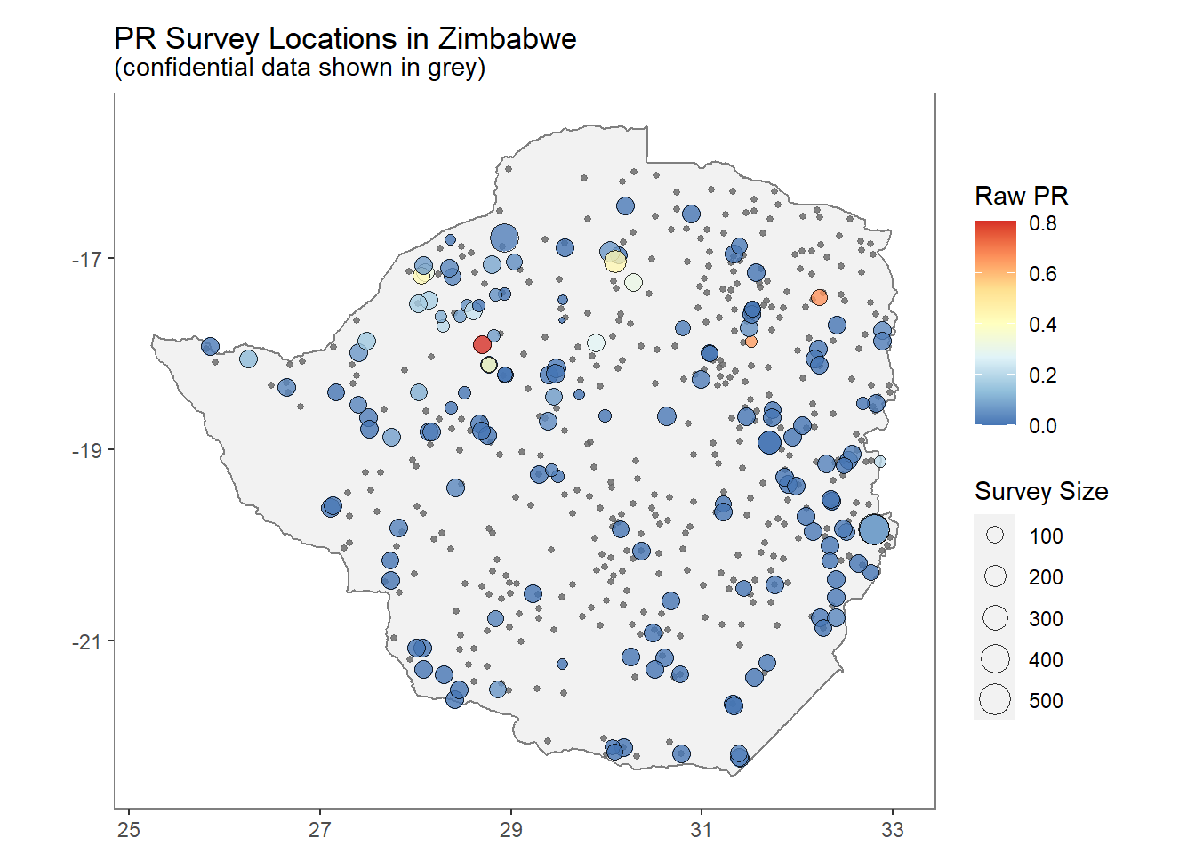 Example of geostatistical data. Malaria prevalence at specific locations in Zimbabwe.