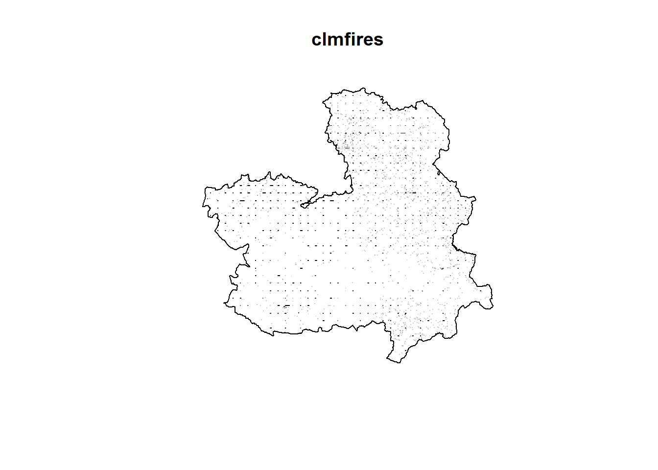 Examples of point patterns. Top: Locations of fires in Castilla-La Mancha, Spain, between 1998 and 2007. Bottom: Locations and types of cells in a tissue.