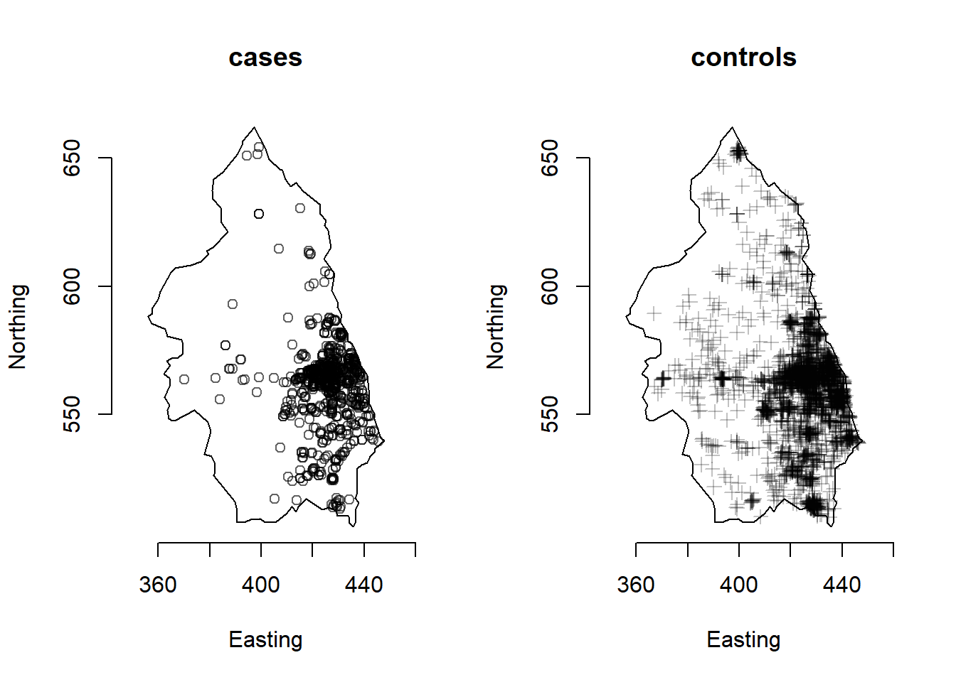 Example of point pattern. Locations of cases and controls of primary biliary cirrhosis in north-eastern England between 1987 and 1994.