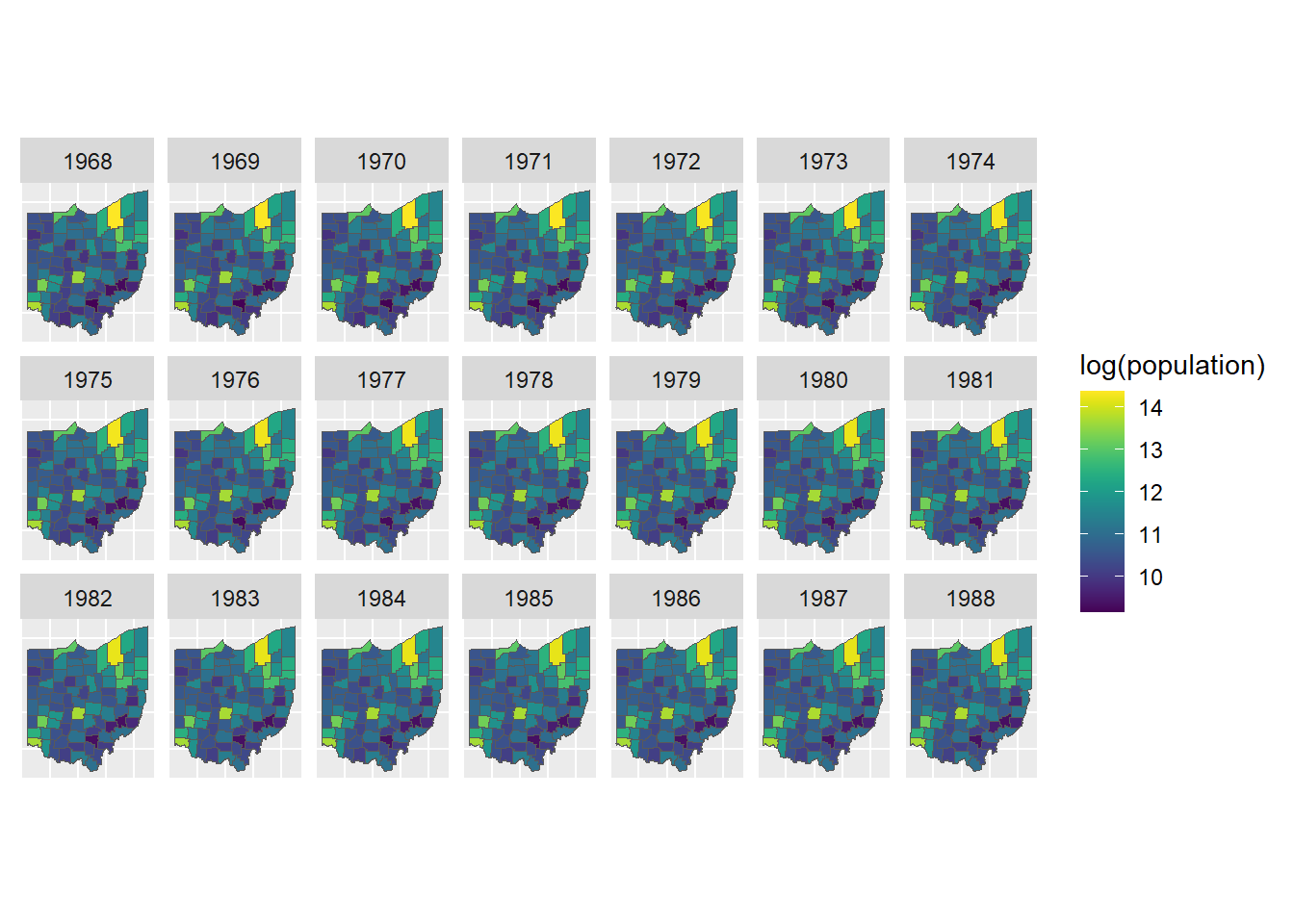 Example of spatio-temporal data. Population of the counties of Ohio, USA, from 1968 to 1988.