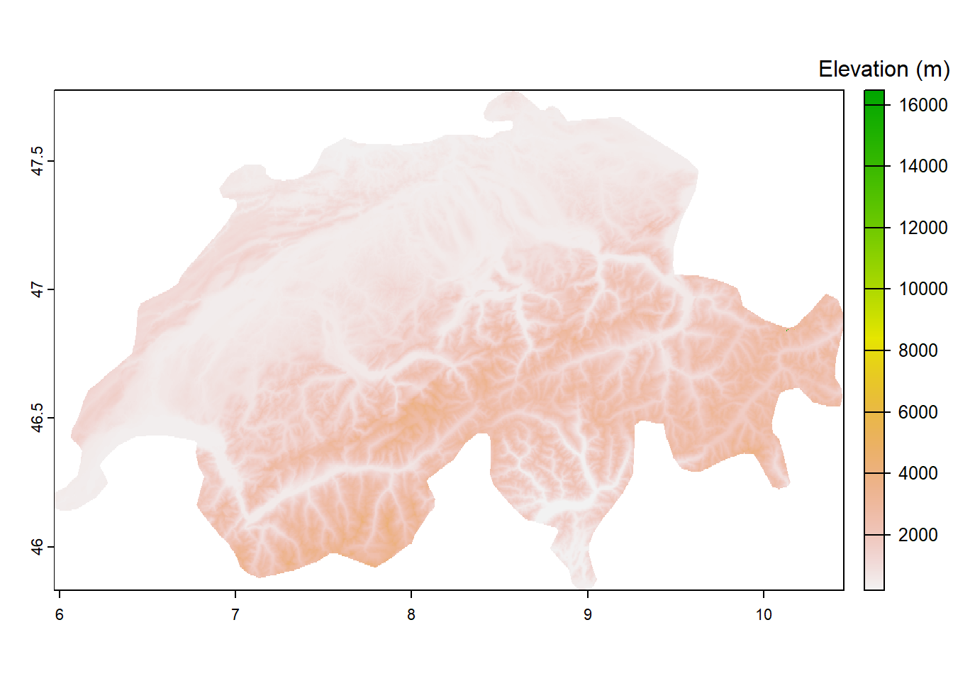 Elevation in Switzerland obtained with elevatr.