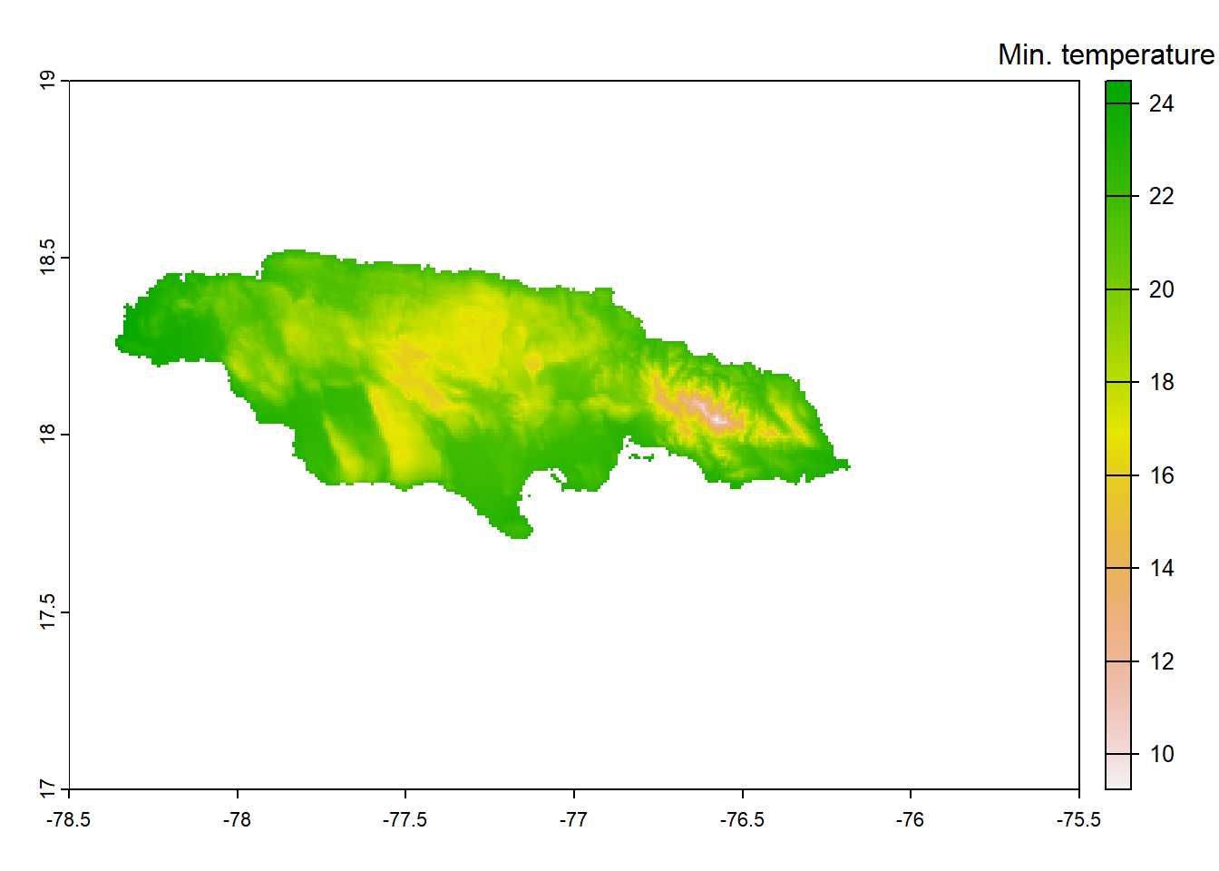 Minimum temperature in Jamaica obtained with **geodata**.