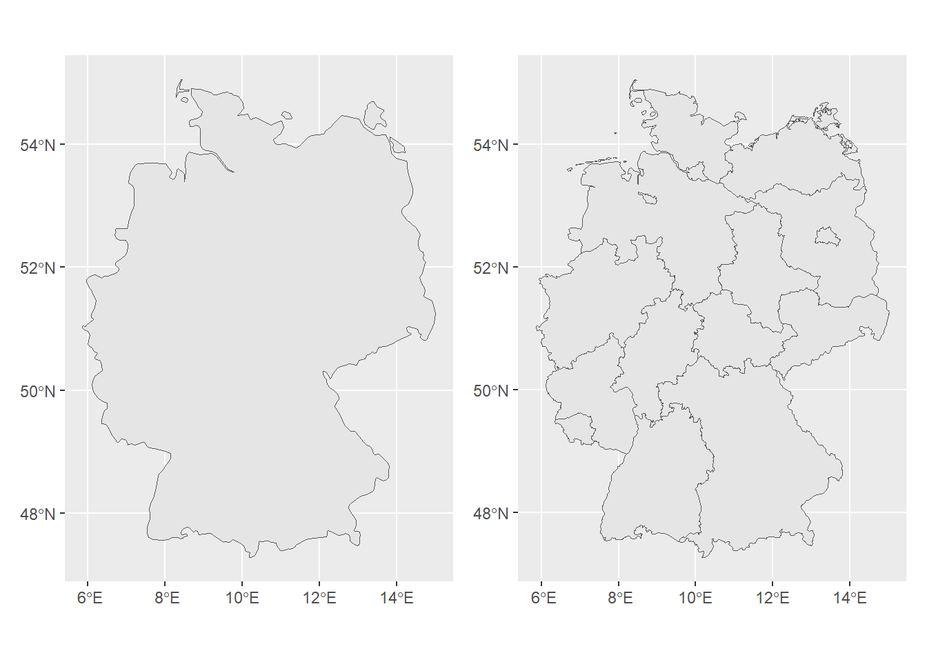 Maps of Germany and its divisions obtained with **rnaturalearth**.