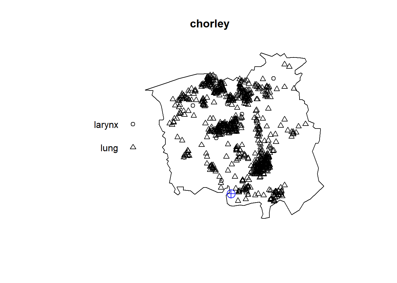 Locations of larynx and lung cancer cases, and the location of a disused industrial incinerator in a region of Lancashire, England.