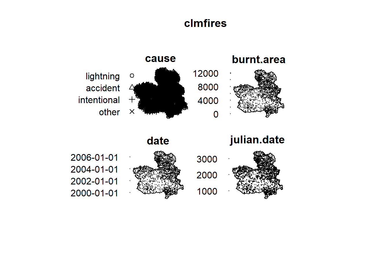 Locations and information of forest fires in Castilla-La Mancha, Spain.