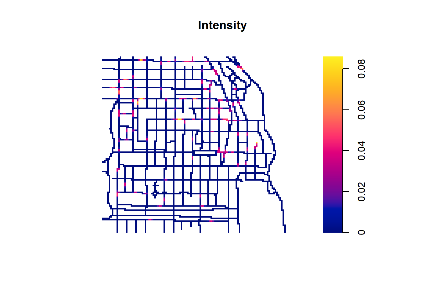 Crime locations by type (top) and intensity of crime locations (bottom) in an area of Chicago.