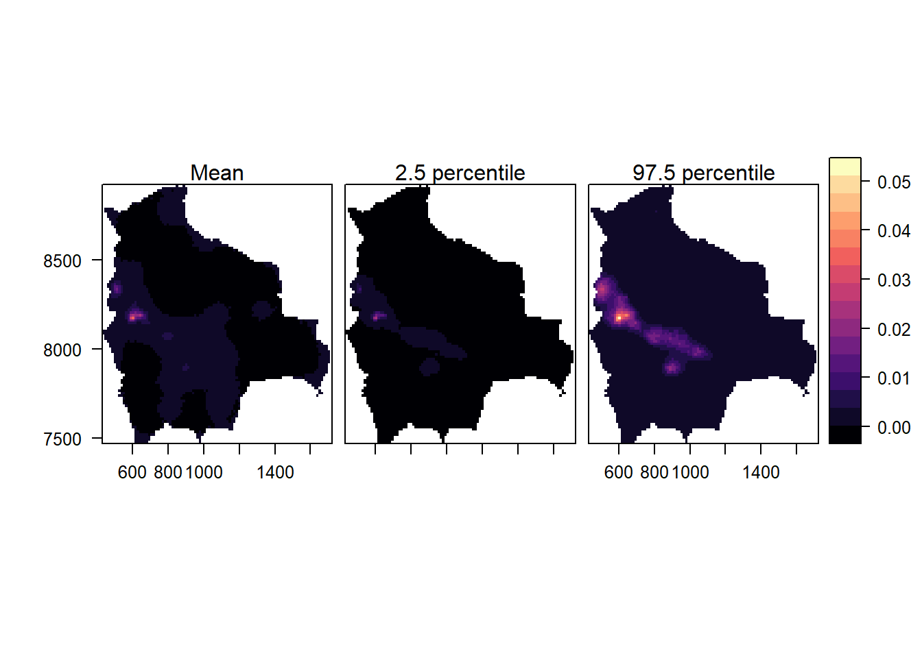 Maps with the posterior mean of the intensity of the point process of species in Bolivia (left), and lower (center) and upper (right) limits of 95% credible intervals.