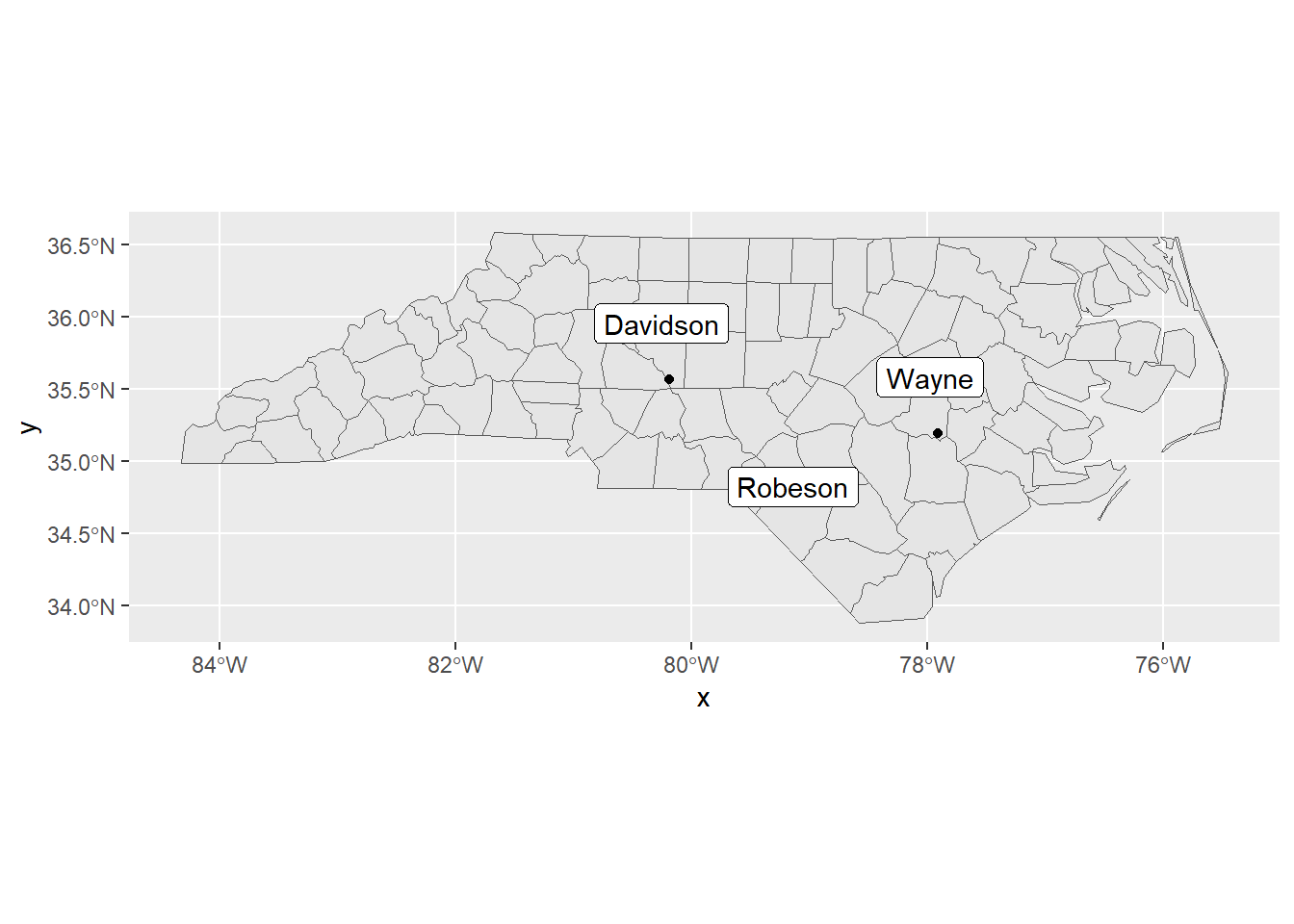 Map showing the name of polygons that contain three points over the map.