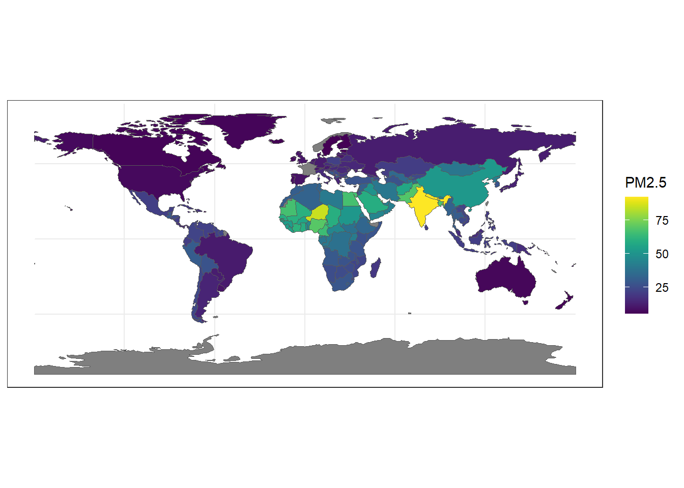 PM2.5 values in each of the world countries in 2016.