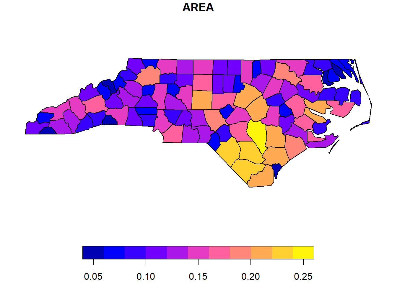 Map of the first attribute of the `sf` object representing the counties of North Carolina, USA.