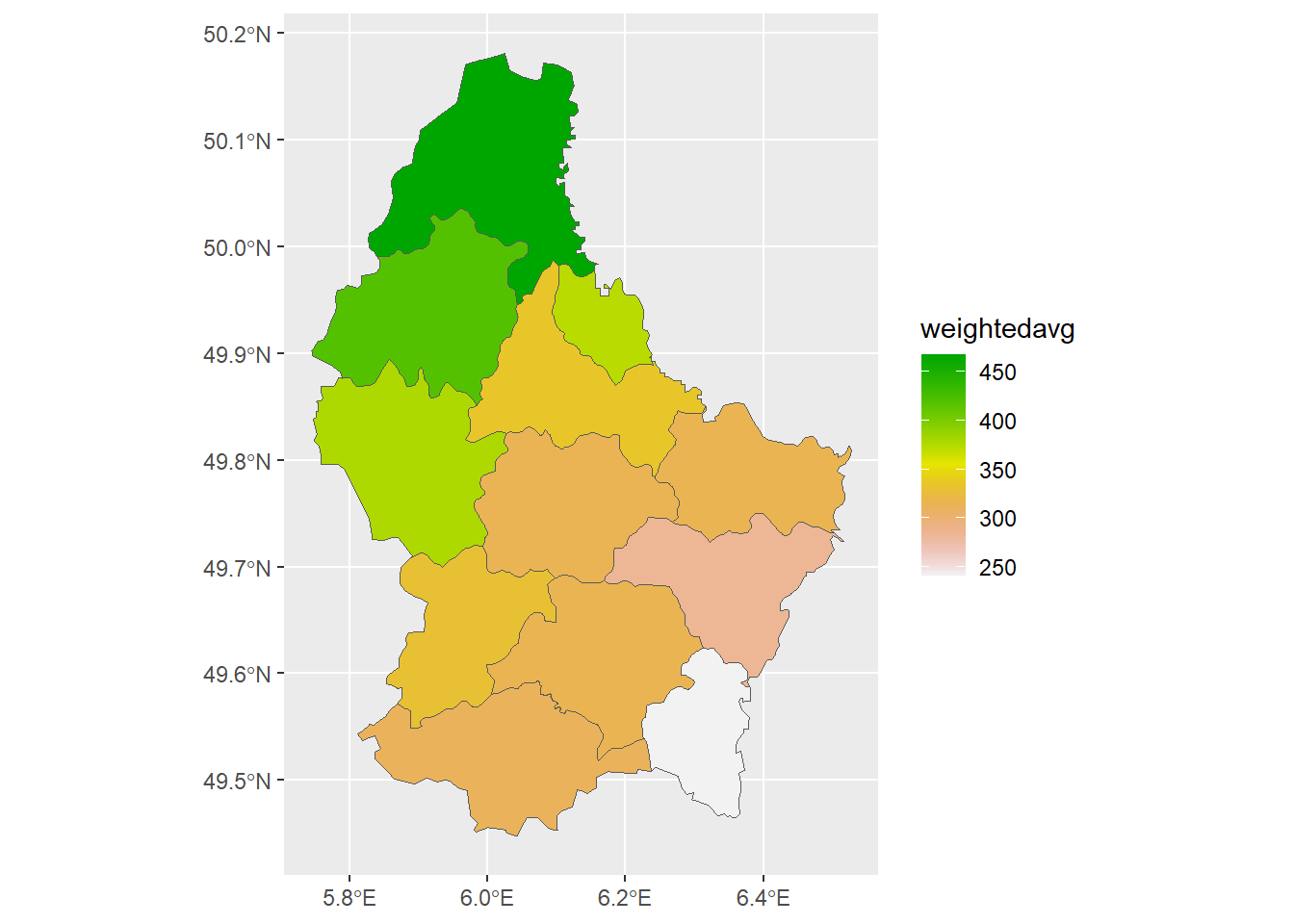 Average and area-weighted average of elevation values in each of the divisions of Luxembourg.