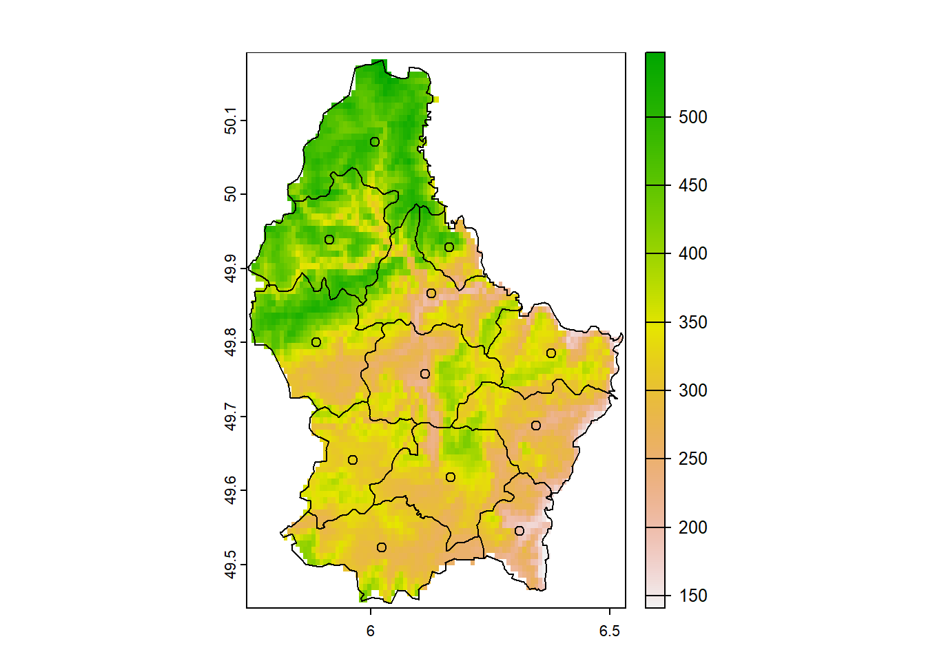 Elevation raster, and division and centroids of polygons in Luxembourg.