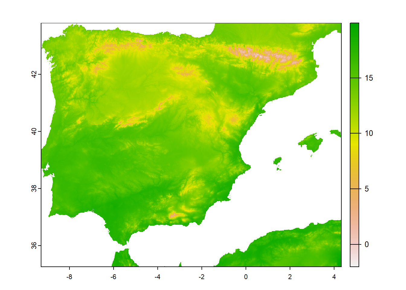 Map of Spain excluding the Canary Islands region (top-left), and cropped raster (top-right), masked raster (bottom-left), and low resolution raster (bottom-right) representing the average annual temperature in the map.