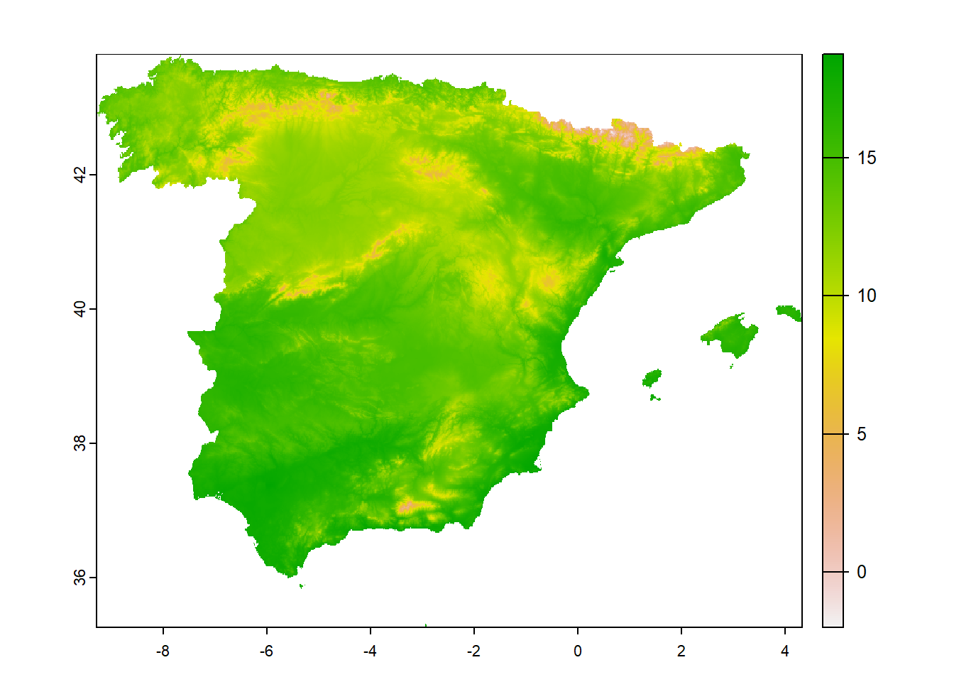 Map of Spain excluding the Canary Islands region (top-left), and cropped raster (top-right), masked raster (bottom-left), and low resolution raster (bottom-right) representing the average annual temperature in the map.