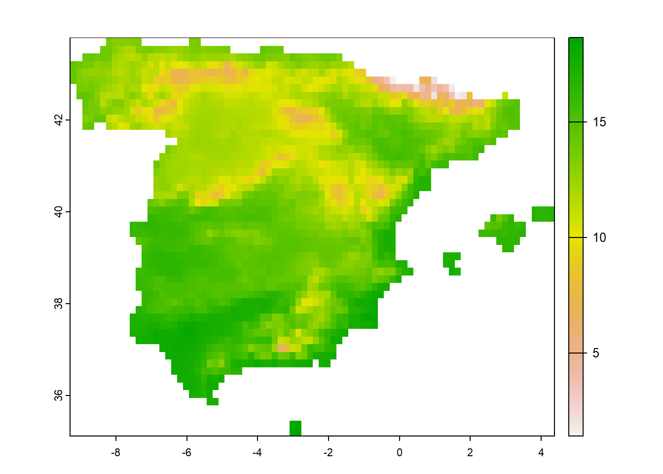 Map of Spain excluding the Canary Islands region (top-left), and cropped raster (top-right), masked raster (bottom-left), and low resolution raster (bottom-right) representing the average annual temperature in the map.