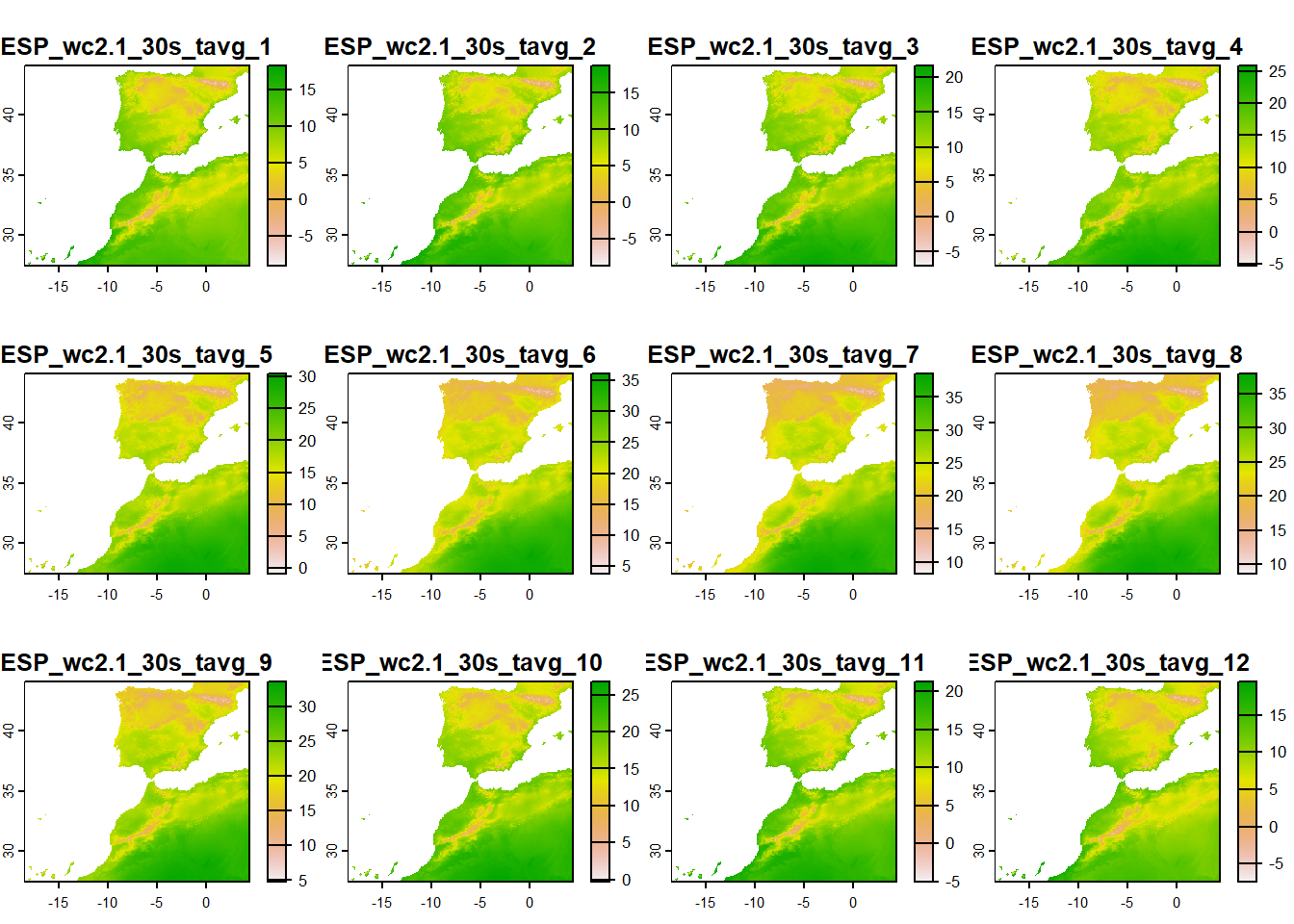 Monthly average temperature in Spain obtained from **geodata**.