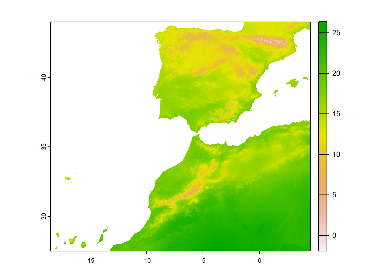 Raster representing the average annual temperature in Spain.