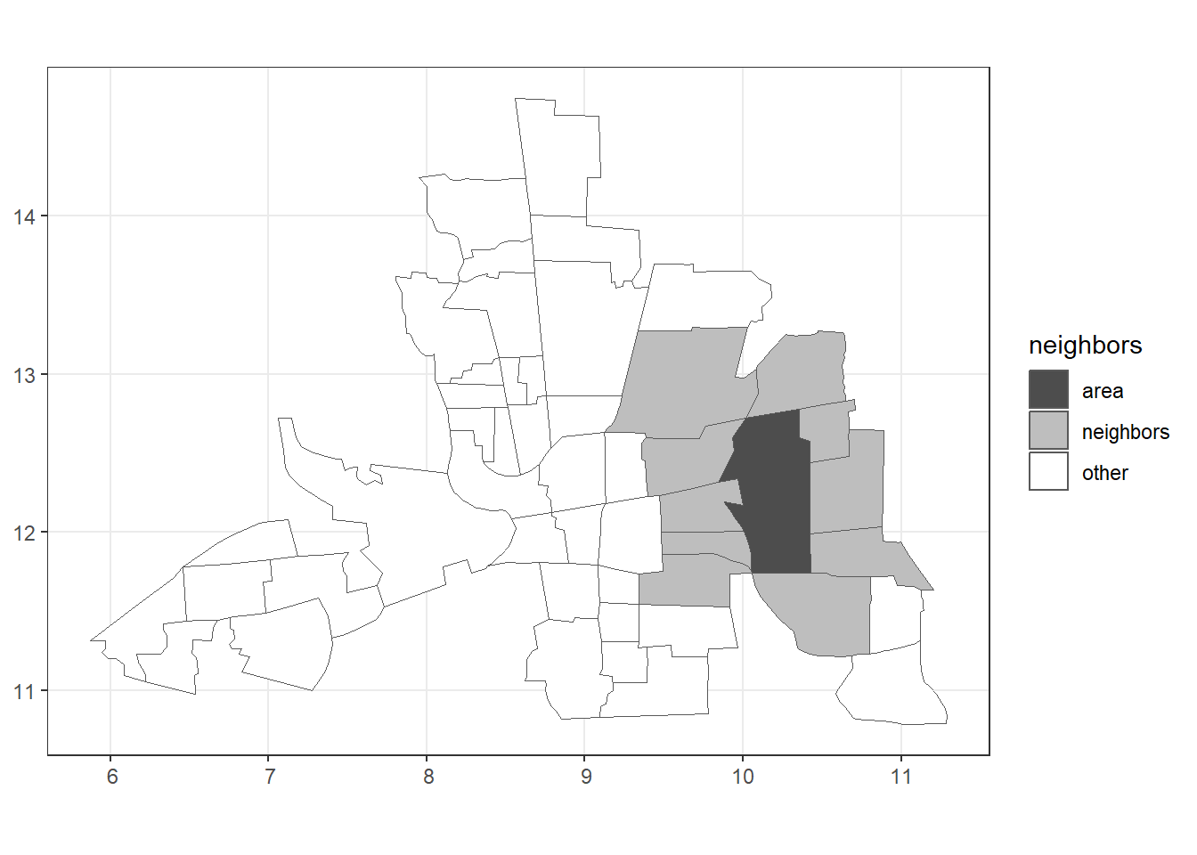 Left: Map of neighbors based on contiguity. Right: Map of neighbors of area 20 based on contiguity.