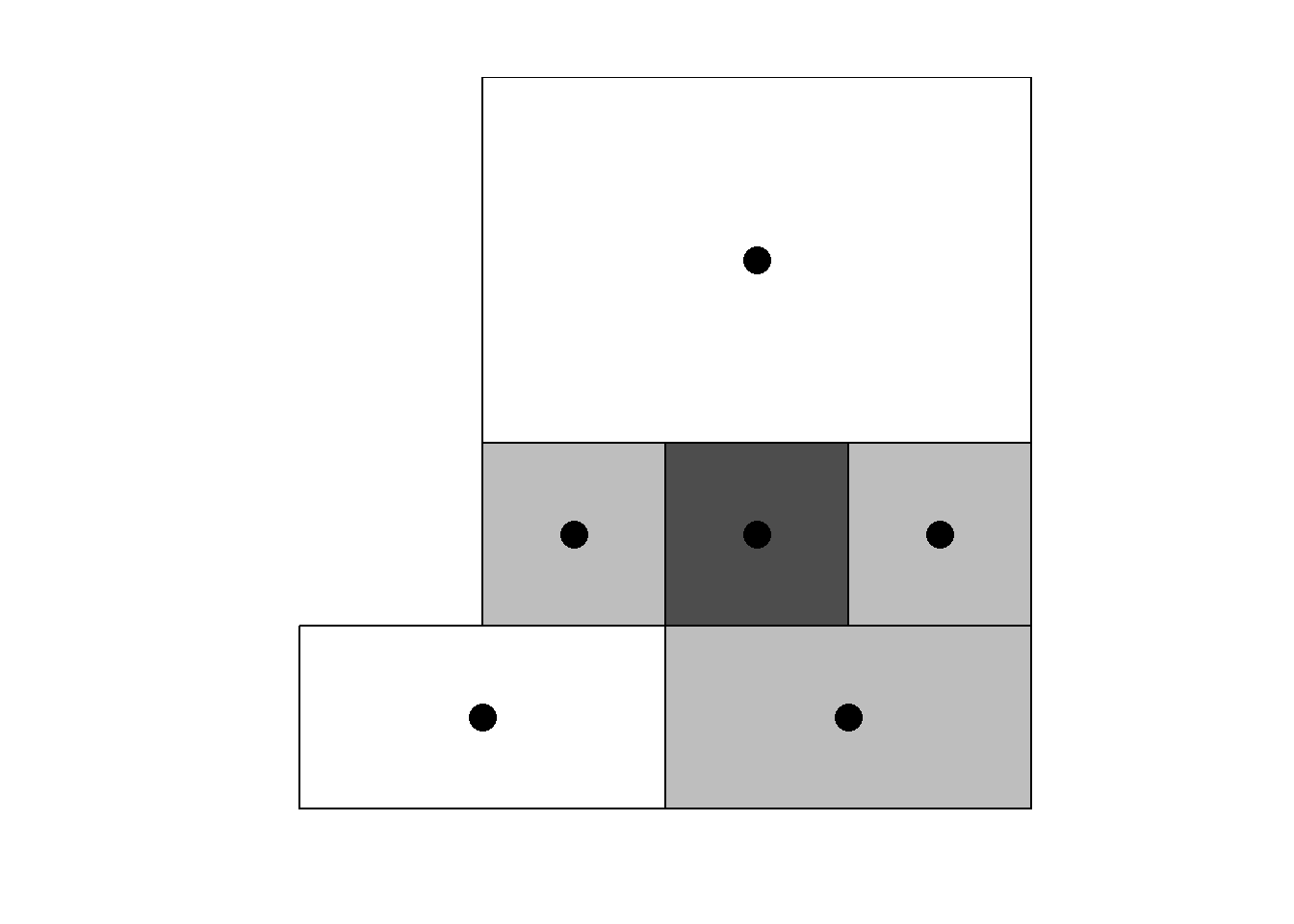 Left: Neighbors based on 3 nearest neighbors. Area of interest is represented in black and its neighbors in gray. Right: Map of neighbors based on 3 nearest neighbors.